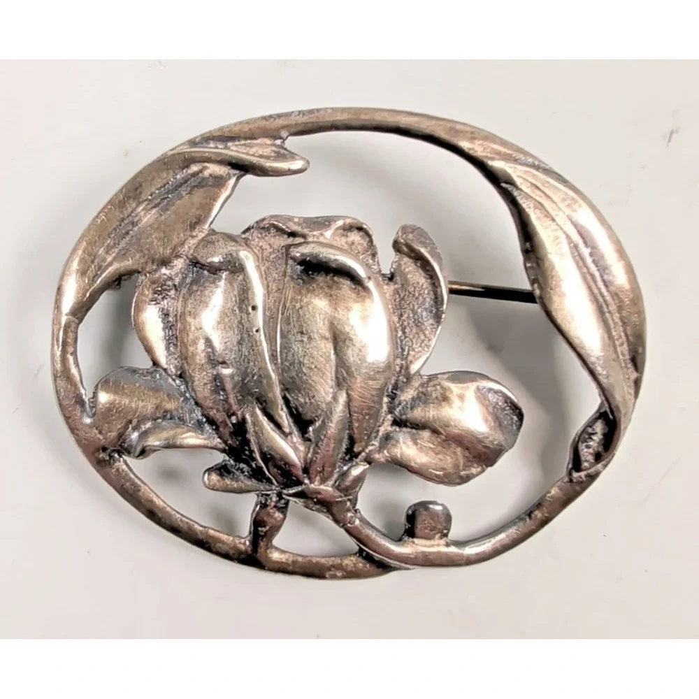 Vintage Sterling Silver Floral Rose Oval Brooch Pin Art Nouveau Style 9g